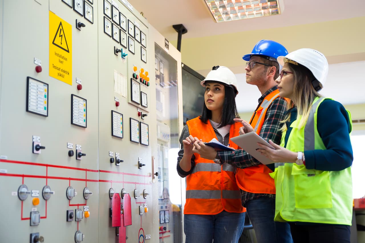 Ingeniera revisando paneles eléctricos con casco y chaleco de seguridad, equipo adquirido en Ferreterías Guevara