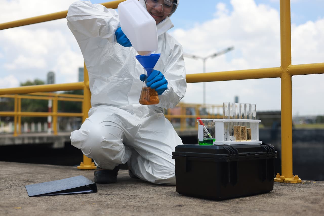Técnico trabajando con productos químicos usando equipo de protección de Ferreterías Guevara