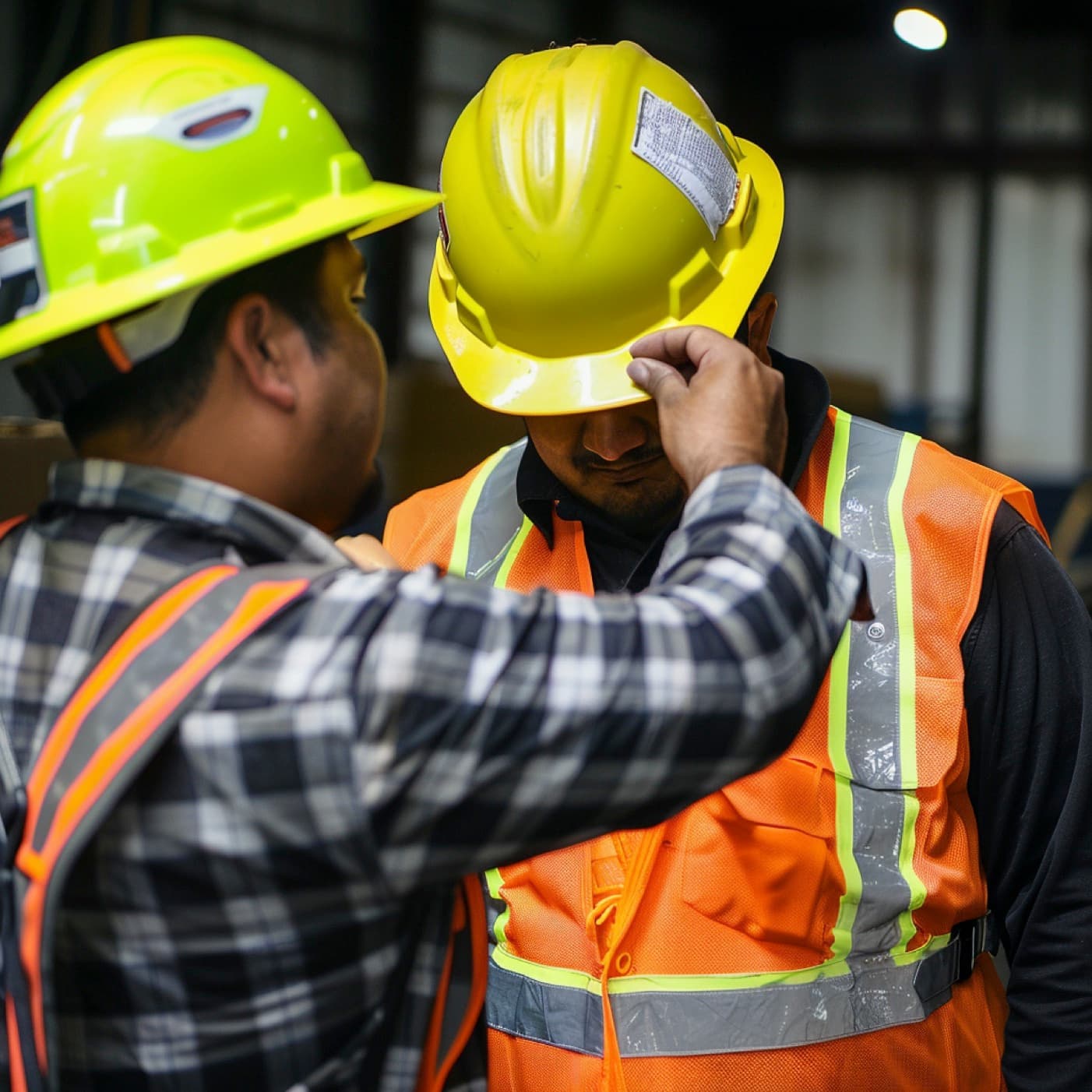 Trabajadores ajustando cascos de seguridad en Ferreterías Guevara en Monterrey